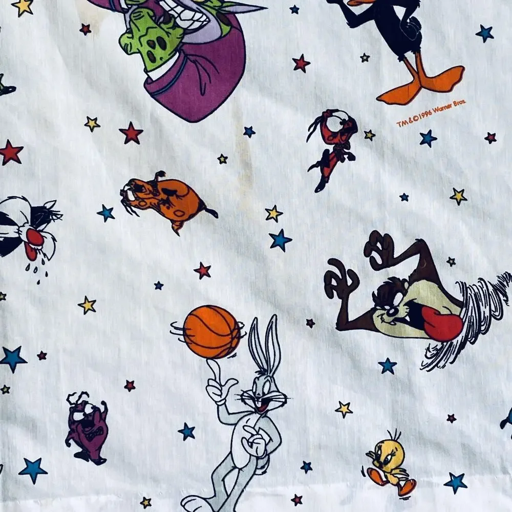 2 vtg 90s Space Jam Looney Tunes Flat Sheet Bugs Bunny Daffy Lola Taz curtains